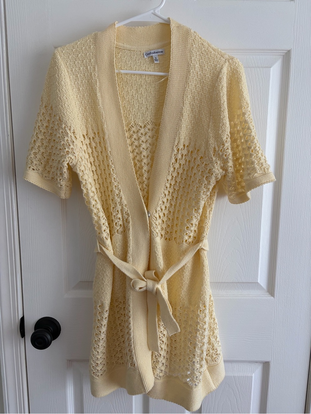 croft & barrow Light Yellow Crochet Short Sleeve Wrap Cardigan